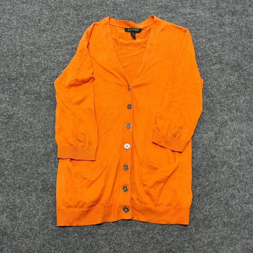 Lauren Ralph Lauren Cardigan Womens M Orange Cotton V-Neck Button Front Knit